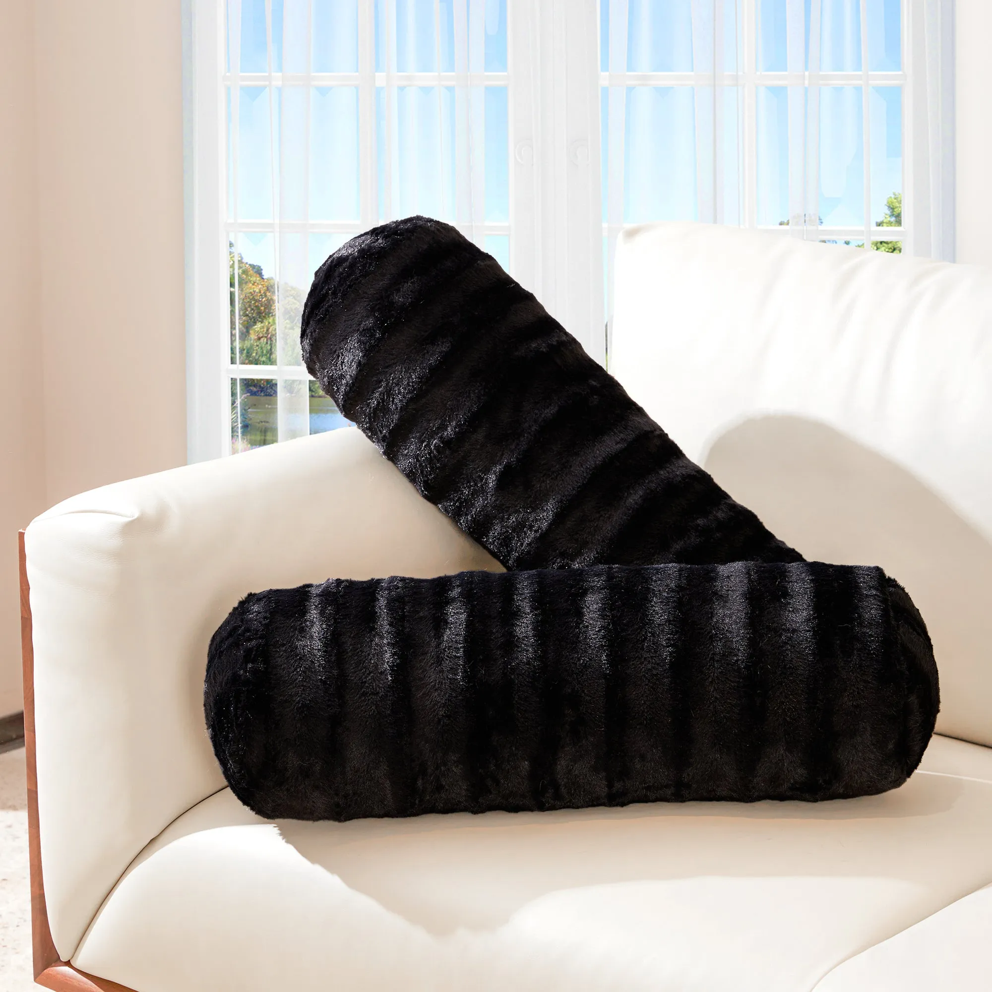 Cheer Collection Set of 2 Faux Fur Bolster Pillows. Decorative Roll Pillow