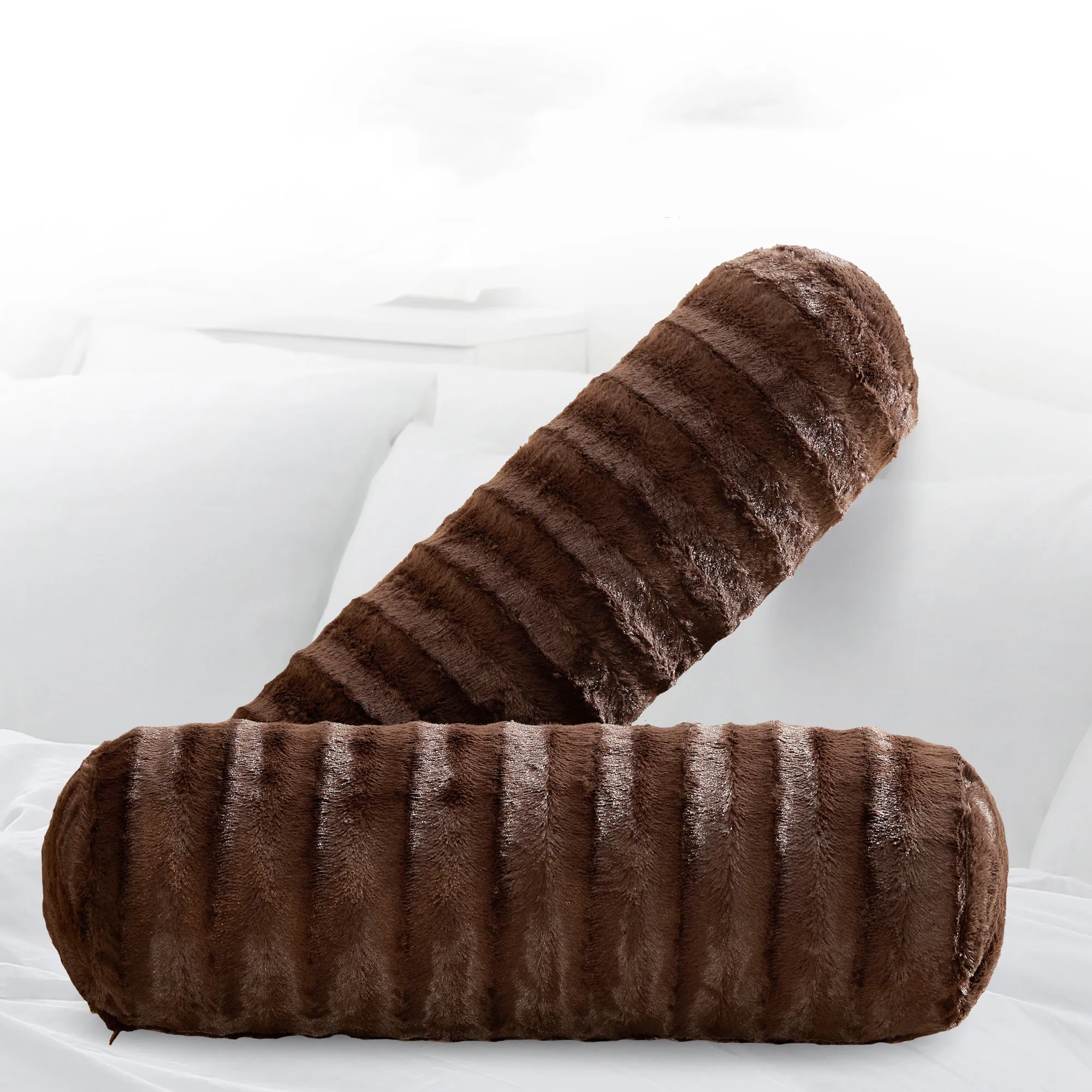 Cheer Collection Set of 2 Faux Fur Bolster Pillows. Decorative Roll Pillow
