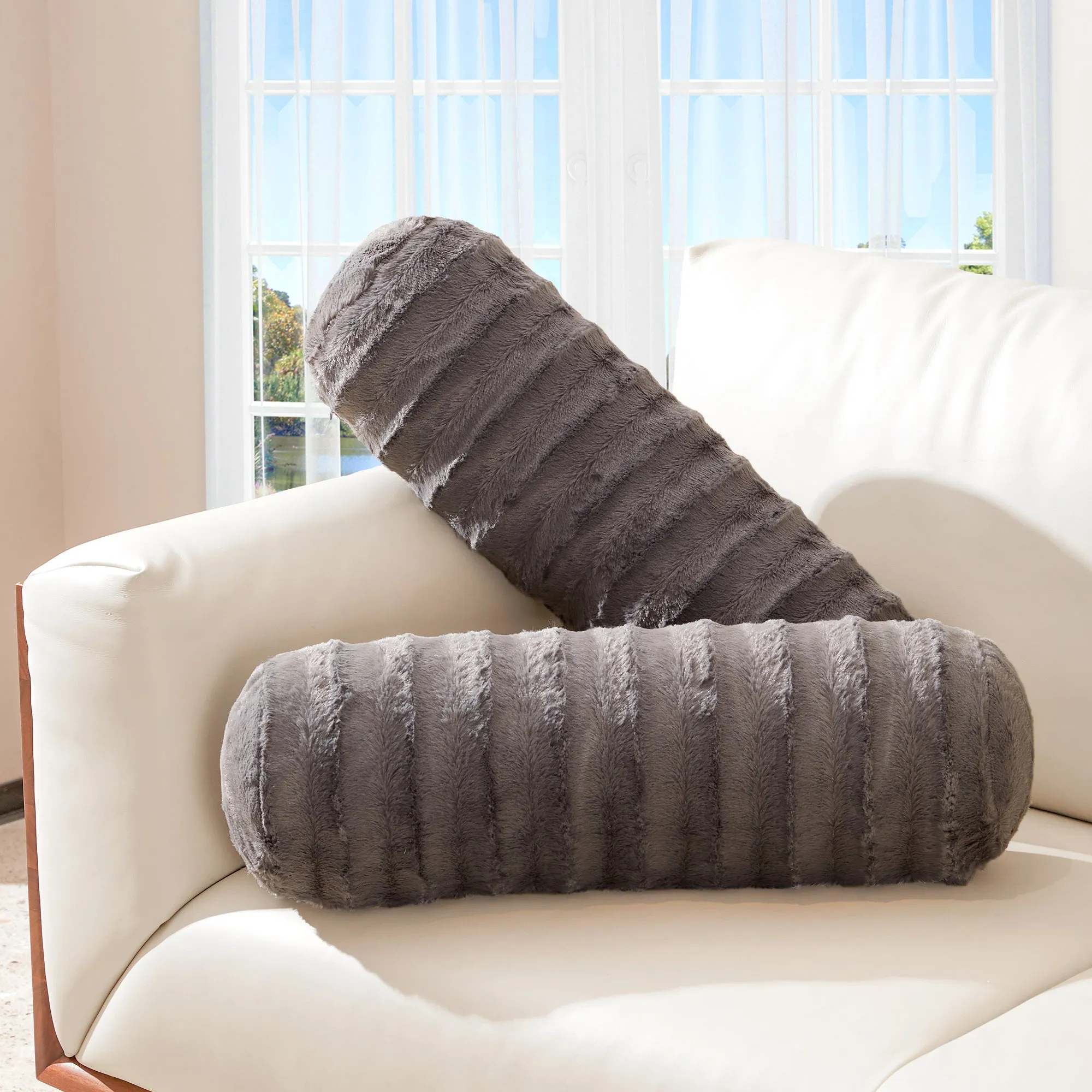 Cheer Collection Set of 2 Faux Fur Bolster Pillows. Decorative Roll Pillow
