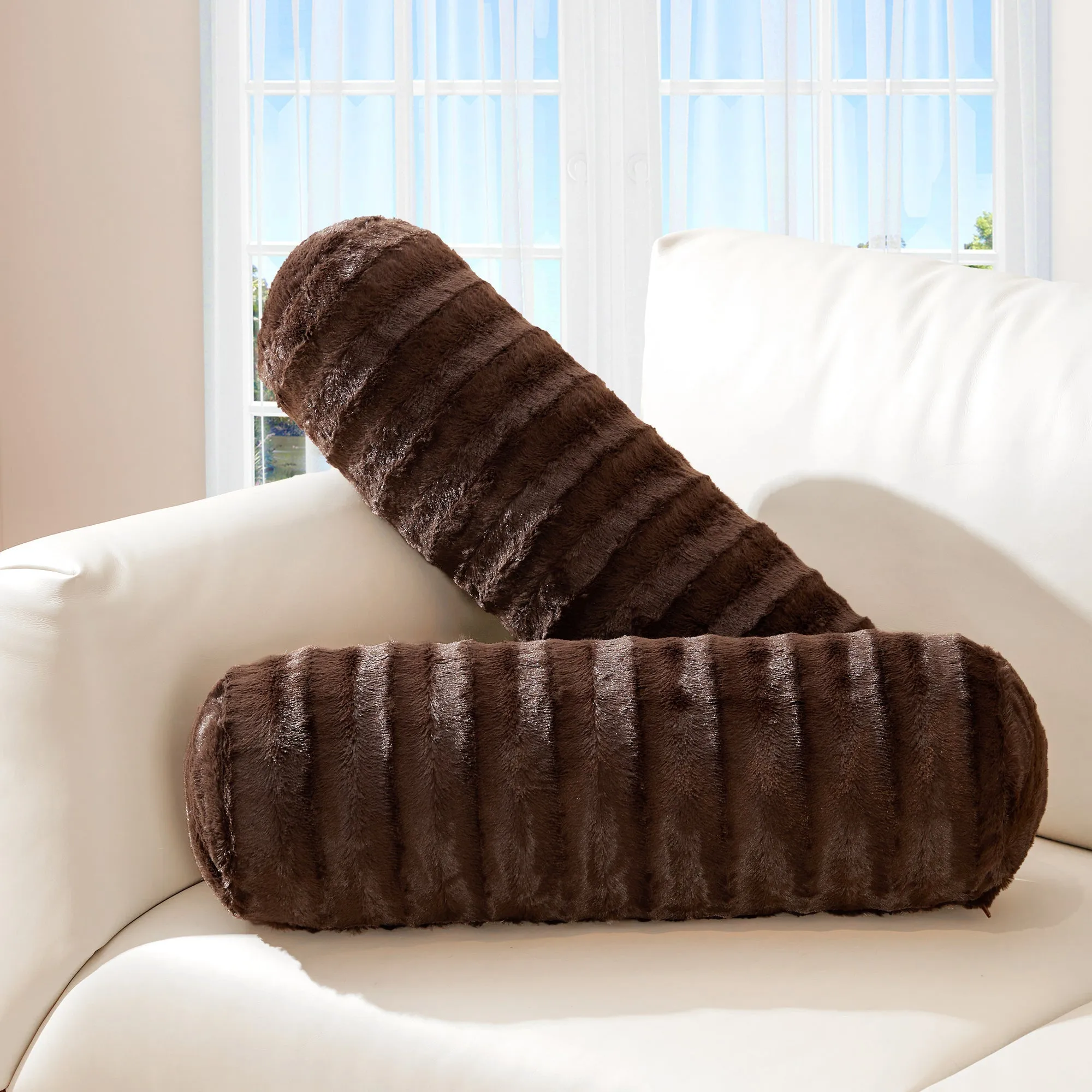 Cheer Collection Set of 2 Faux Fur Bolster Pillows. Decorative Roll Pillow
