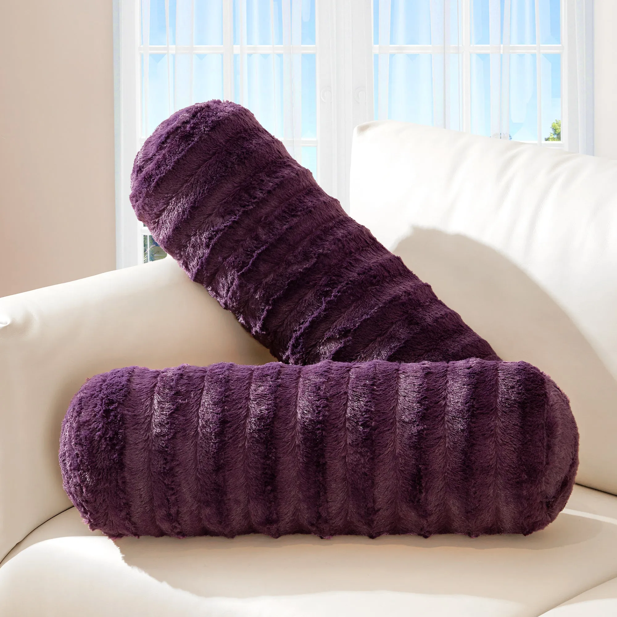 Cheer Collection Set of 2 Faux Fur Bolster Pillows. Decorative Roll Pillow
