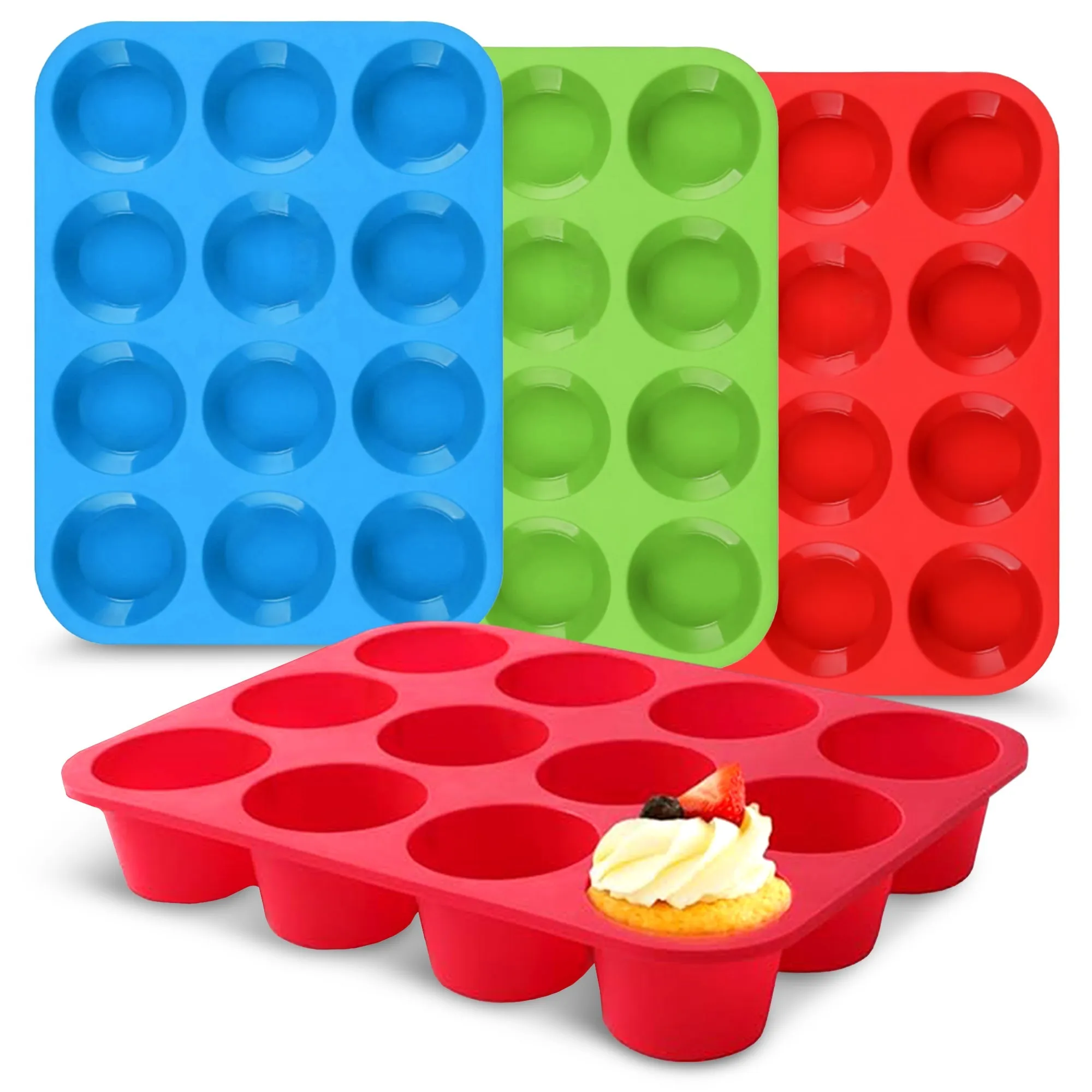 Cheer Collection Set of 3 Non-Stick Silicone Muffin Pans  BPA-Free. Food-Grade Baking Tray