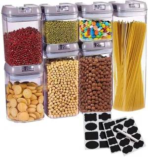 Cheer Collection Set of 7 Airtight Food Storage Containers - Heavy Duty Pantry Organizer Bins. Free from BisPhenol A Plastic Containers plus Dry Erase Marker and Labels. Gray