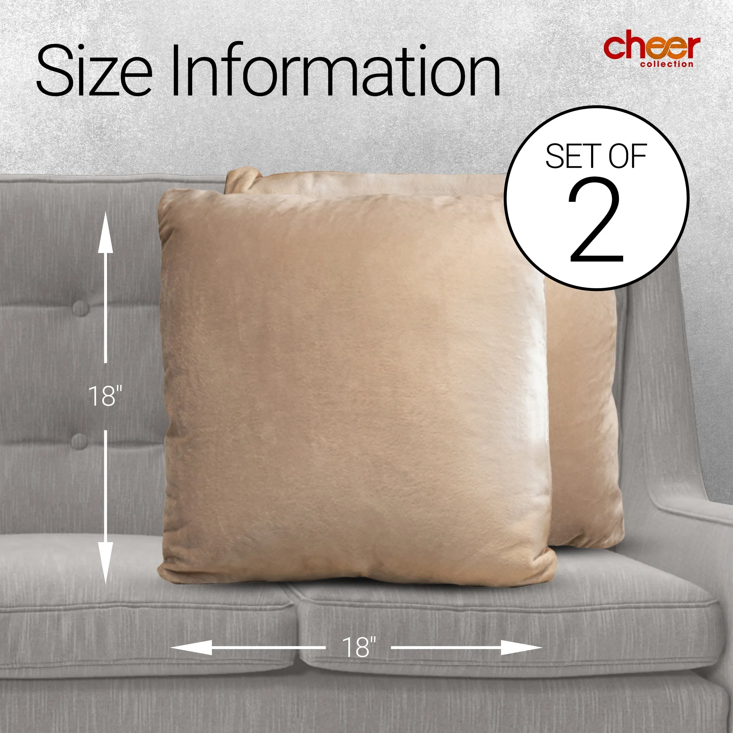 Cheer Collection Velour Throw Pillows - Set of 2 Decorative Couch Pillows - 26 x 26