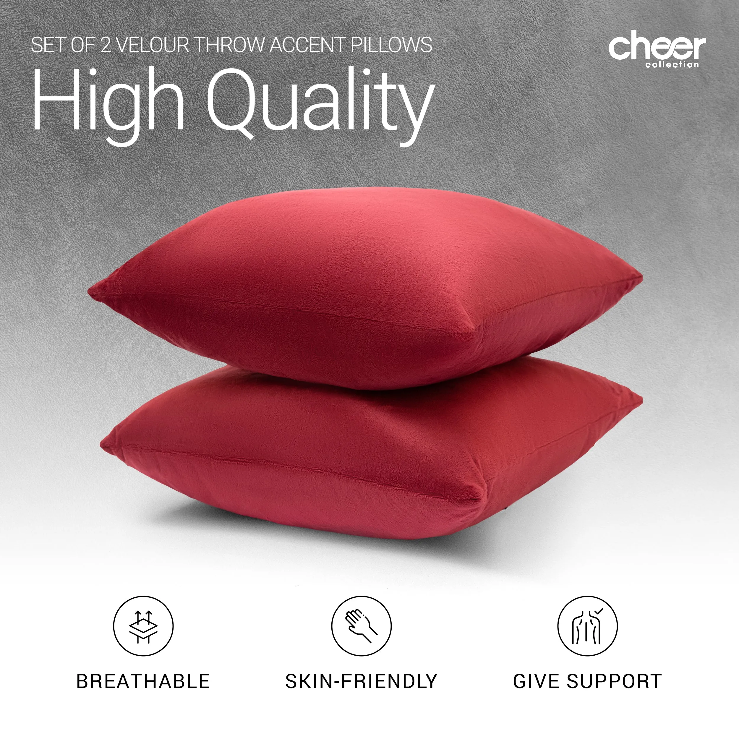 Cheer Collection Velour Throw Pillows - Set of 2 Decorative Couch Pillows - 26 x 26
