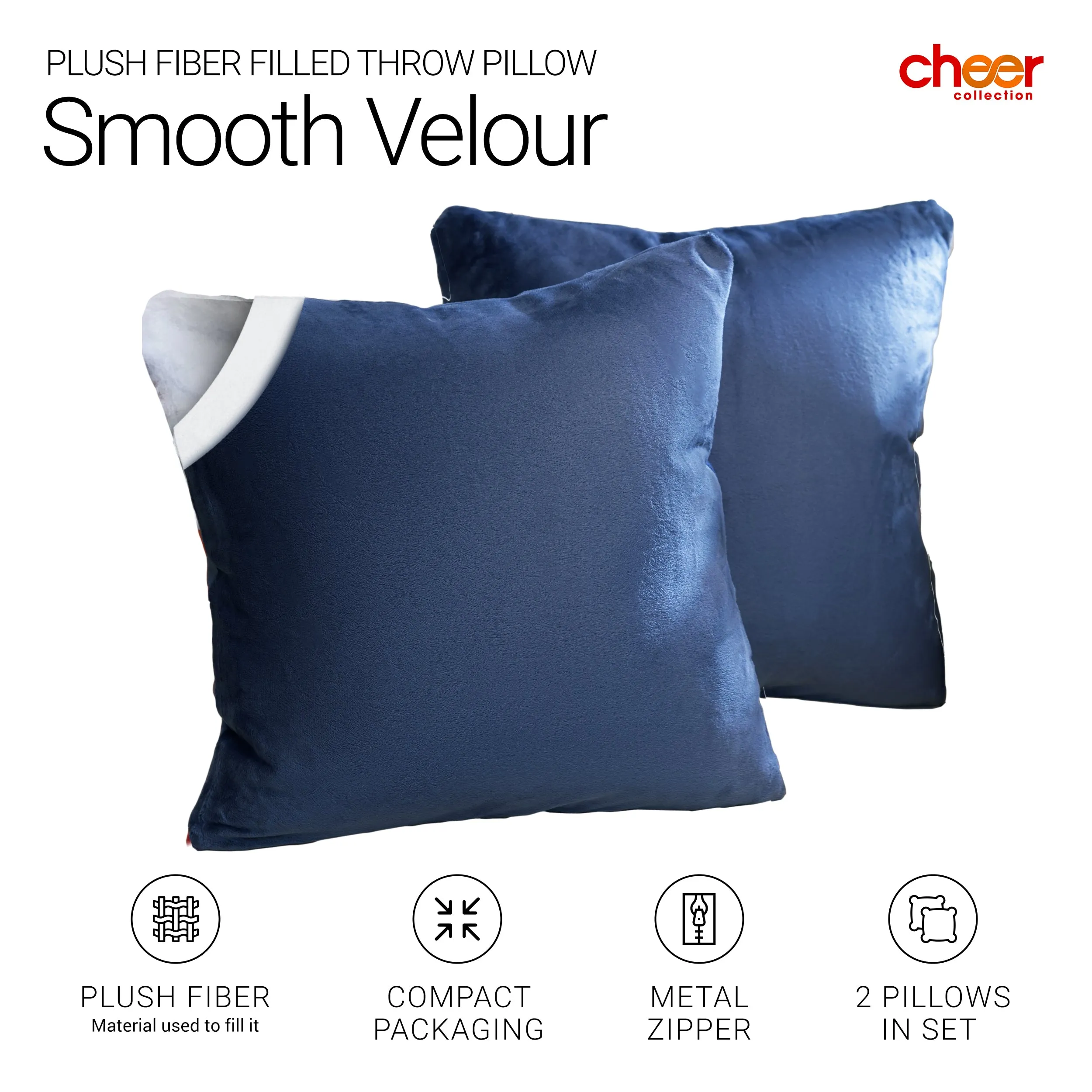 Cheer Collection Velour Throw Pillows - Set of 2 Decorative Couch Pillows - 26 x 26