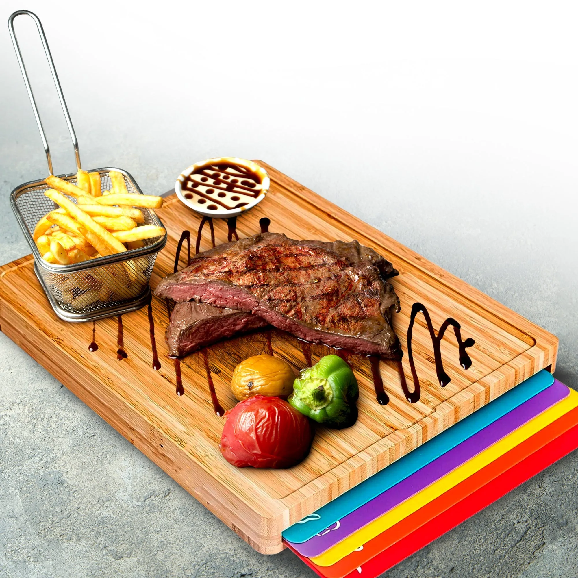 Cheer Collection Wood Cutting Board Set with Color Coded Trays