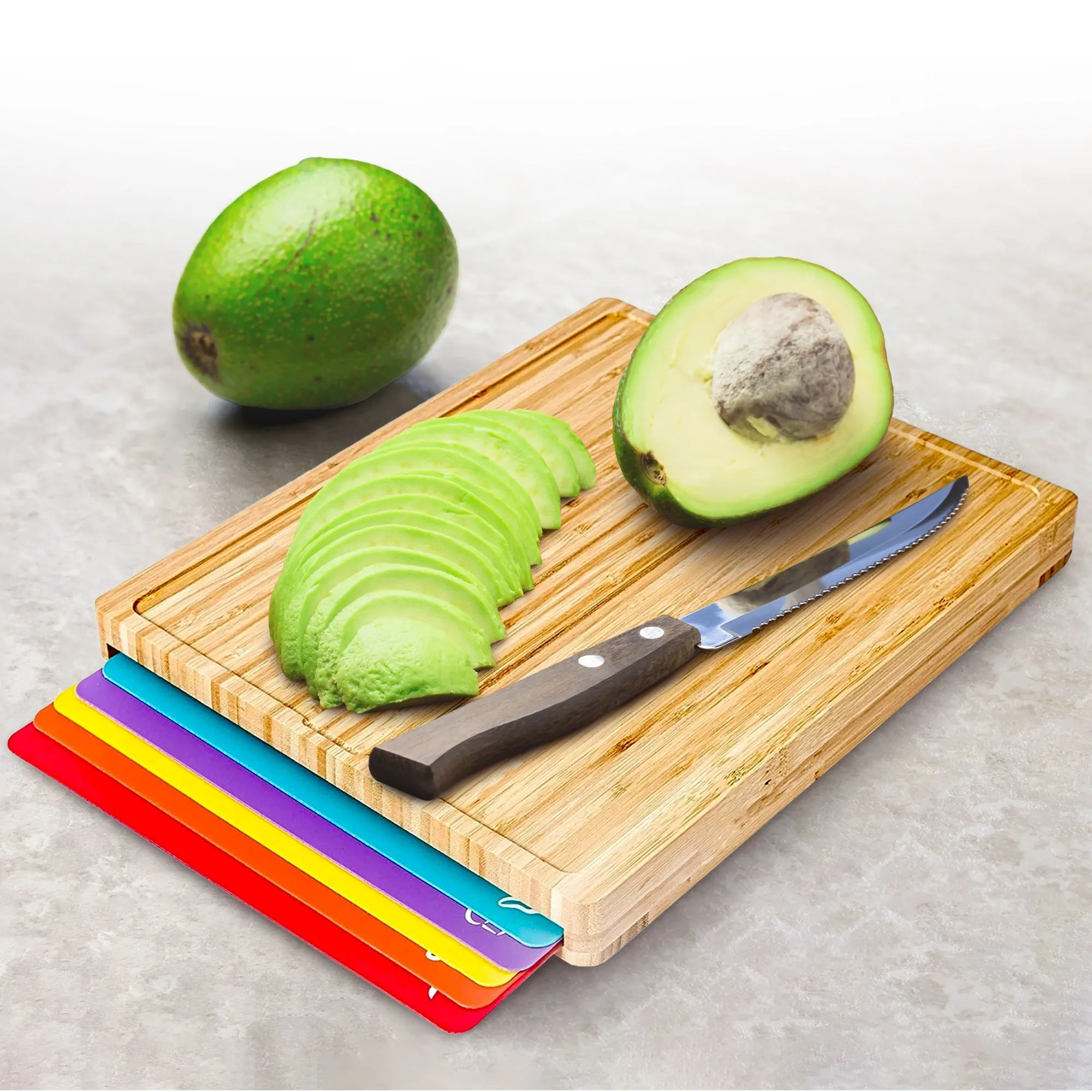 Cheer Collection Wood Cutting Board Set with Color Coded Trays