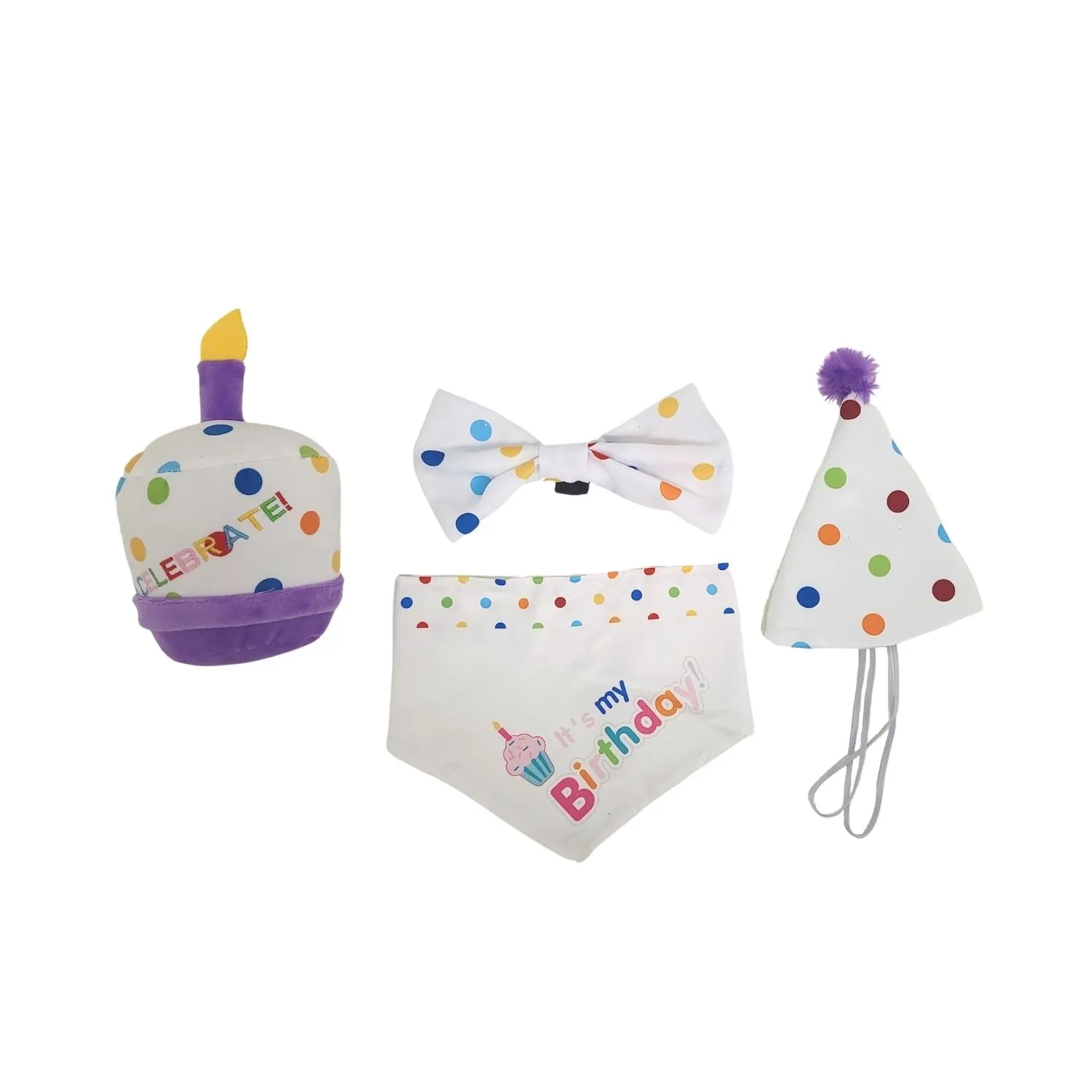 Dog Birthday 4 piece Kit: Bandana. Hat. Bow Tie. Cupcake Plush Toy by American Pet Supplies