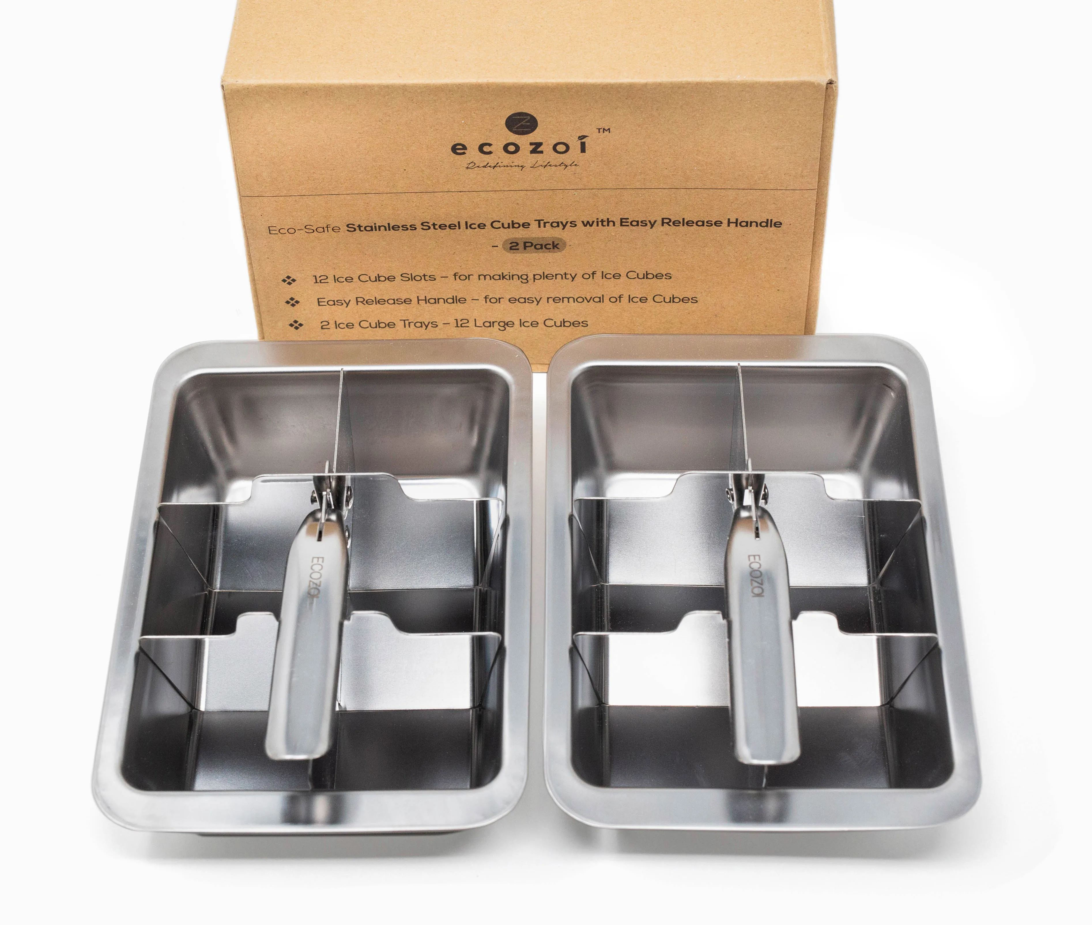 Ecozoi Stainless Steel Ice Cube Trays with Easy Release. 2 Pack. 12 Large Cubes by ecozoi