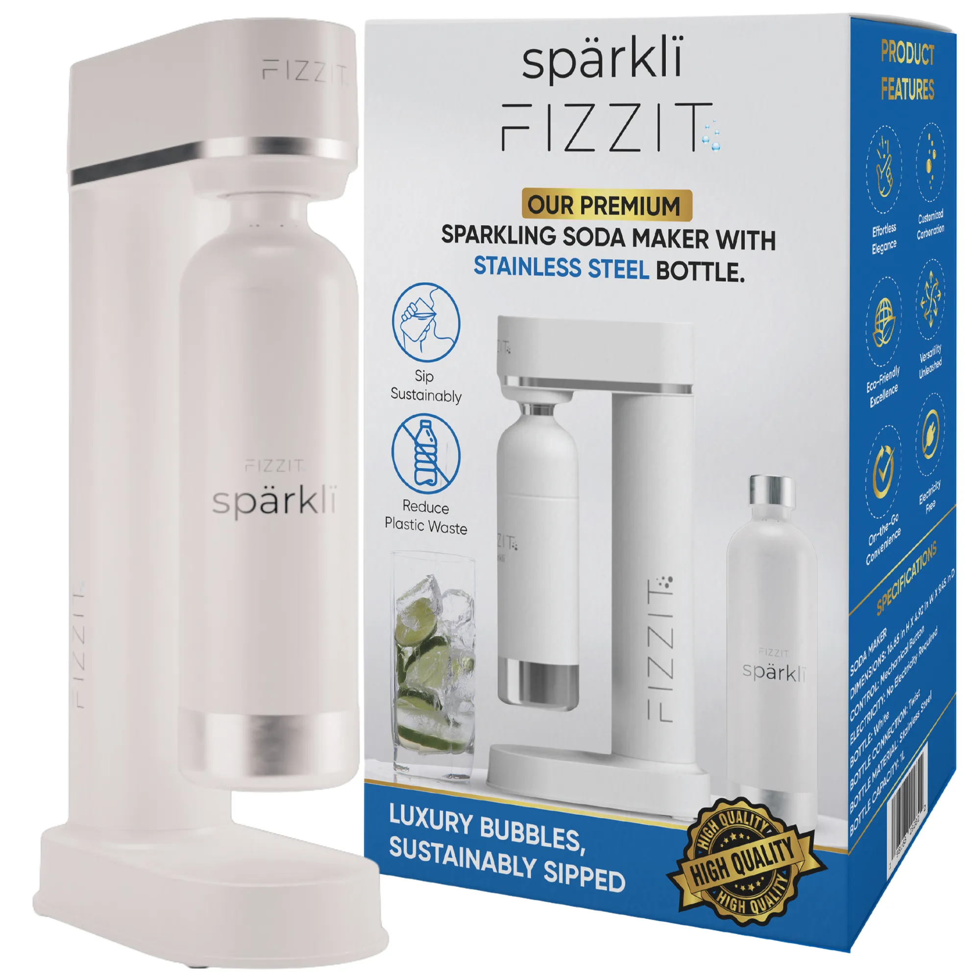 Fizzit Sprkl Carbonated Water Soda Maker with Stainless Steel Bottle Included