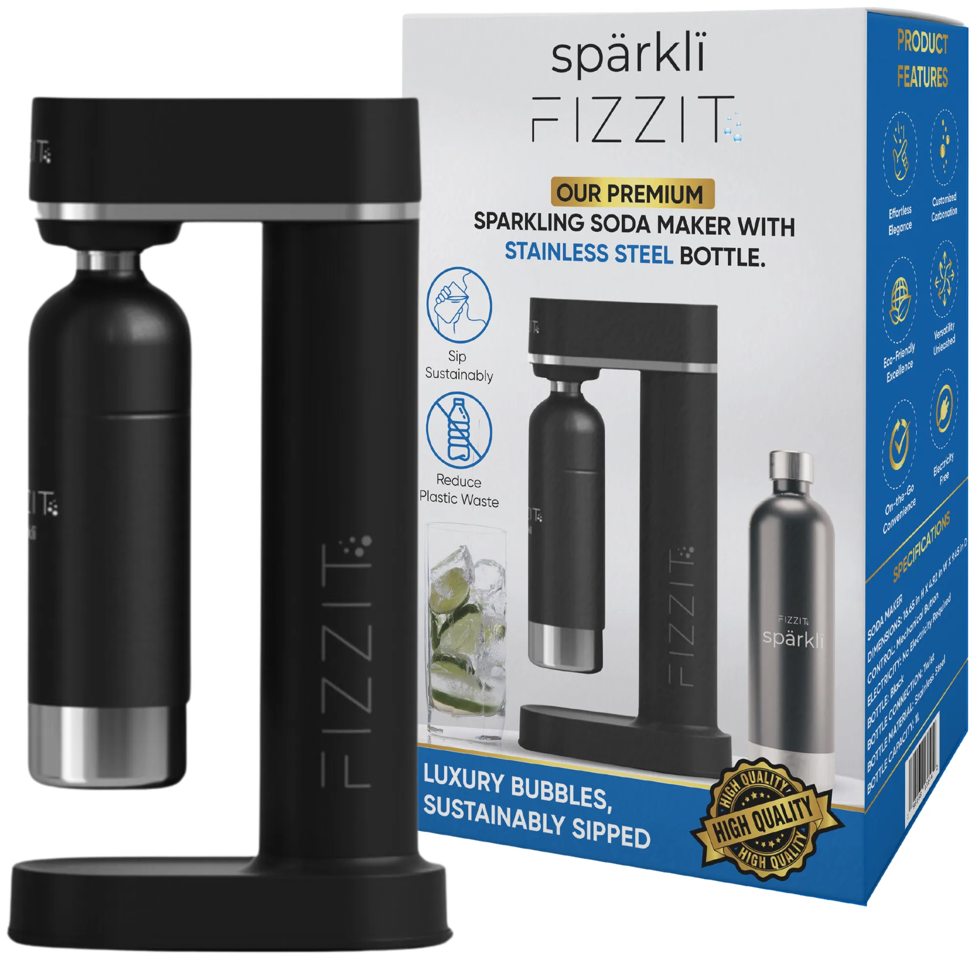 Fizzit Sprkl Carbonated Water Soda Maker with Stainless Steel Bottle Included