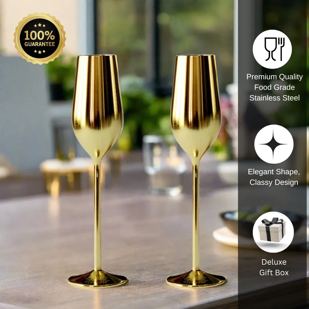 Gold Unbreakable Stainless Steel Champagne Flutes. Set of 2