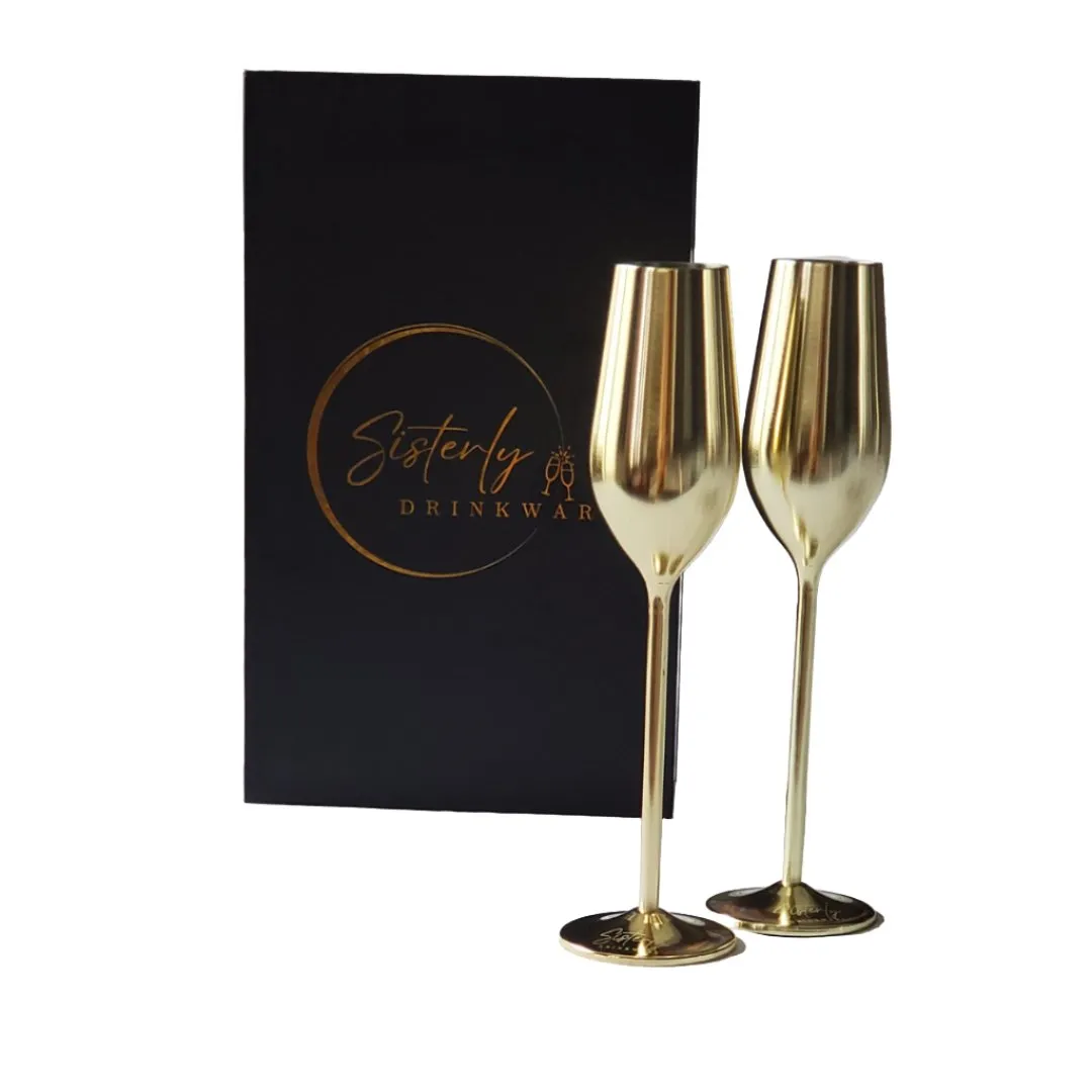 Gold Unbreakable Stainless Steel Champagne Flutes. Set of 2