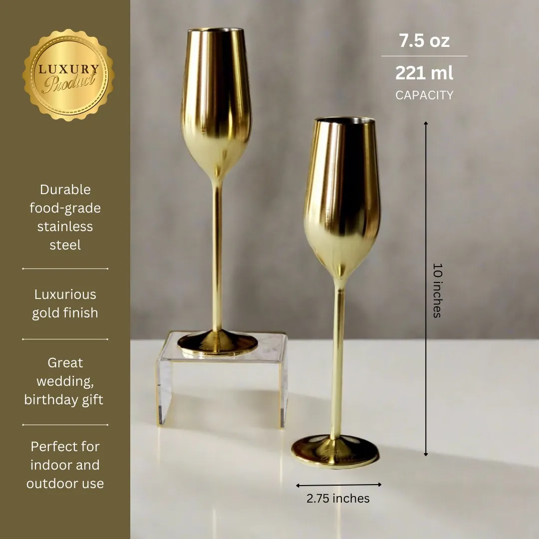 Gold Unbreakable Stainless Steel Champagne Flutes. Set of 2