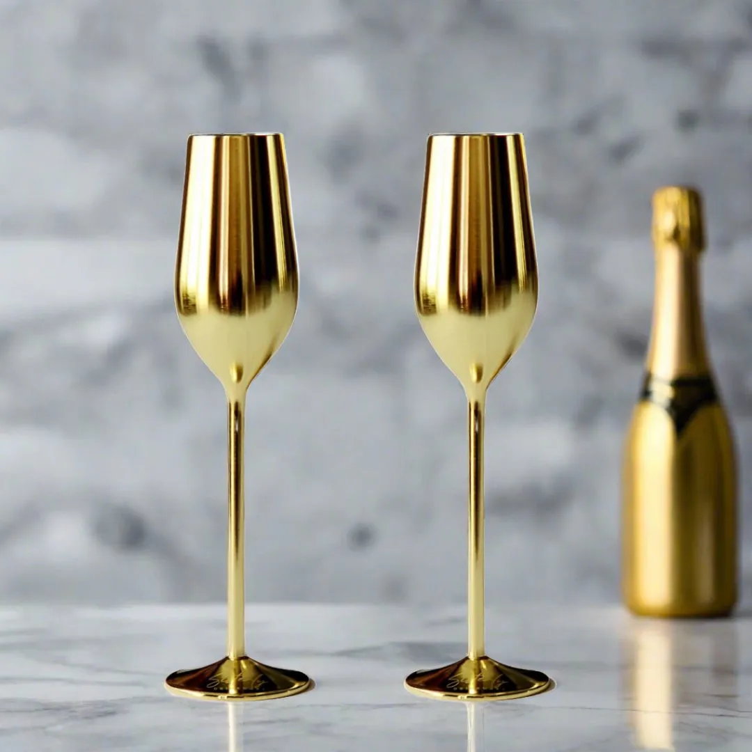 Gold Unbreakable Stainless Steel Champagne Flutes. Set of 2