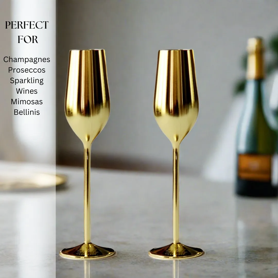 Gold Unbreakable Stainless Steel Champagne Flutes. Set of 2