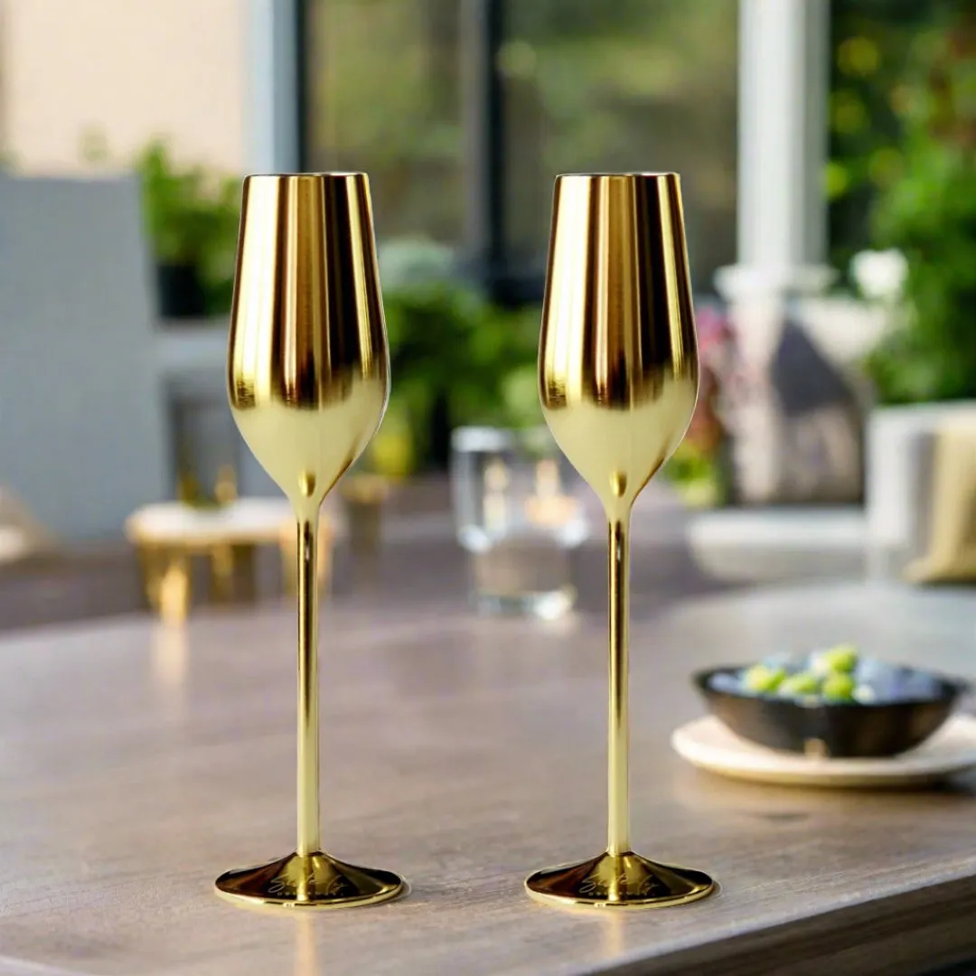 Gold Unbreakable Stainless Steel Champagne Flutes. Set of 2