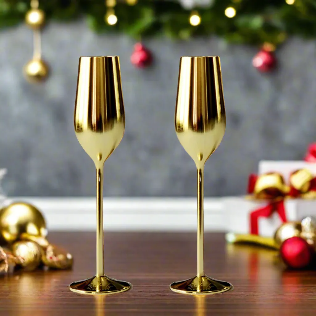 Gold Unbreakable Stainless Steel Champagne Flutes. Set of 2