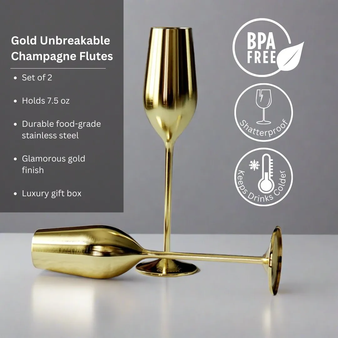 Gold Unbreakable Stainless Steel Champagne Flutes. Set of 2