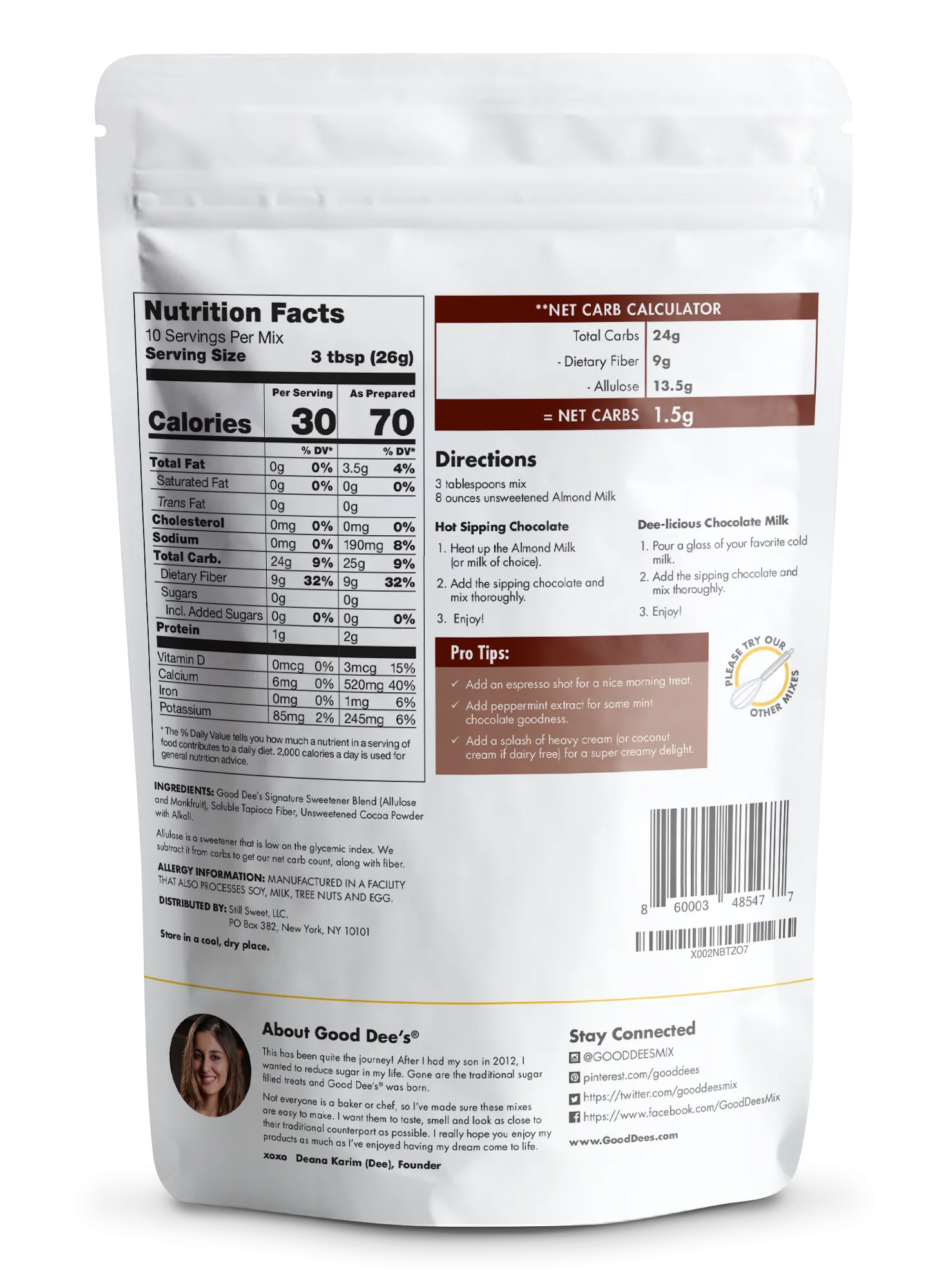 Good Dee's Sipping Chocolate Low Carb Drink Mix - Vegan. No Sugar Added*. Soy Free and Gluten Free by Good Dee's