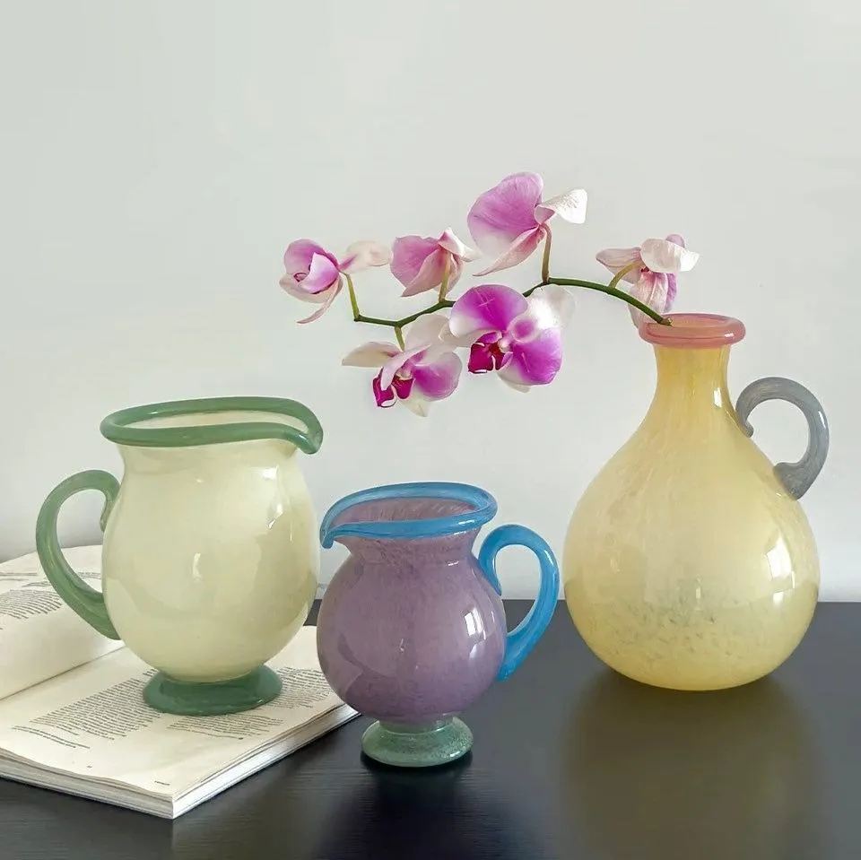 Handblown Bonbon Jug. Whimsical Pitcher. Dopamine Carafe. Glass Pourer