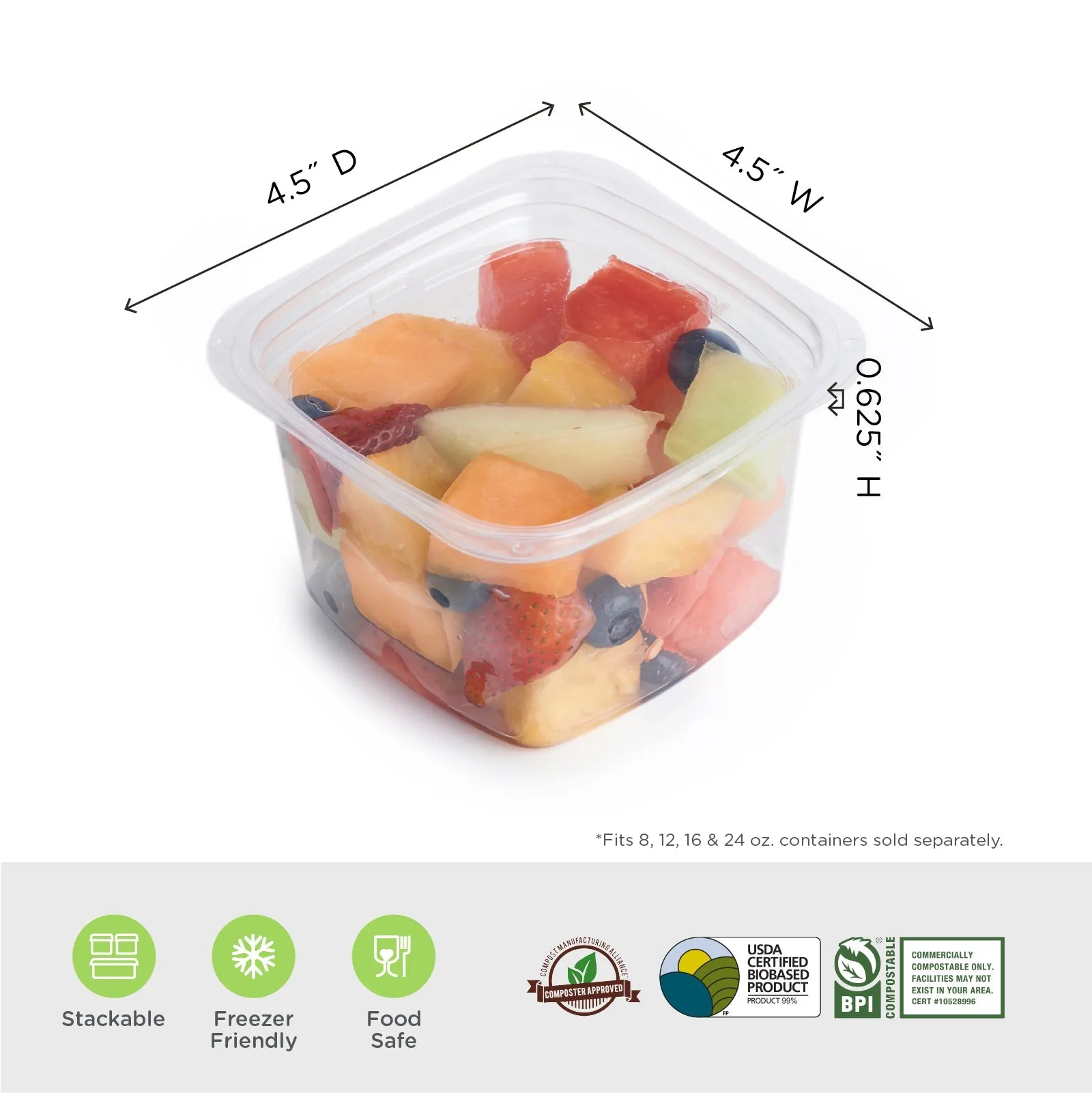 Lid for 8. 12. 16 and 24 oz. Deli Containers. Crystal Clear. PLA. 675/Case