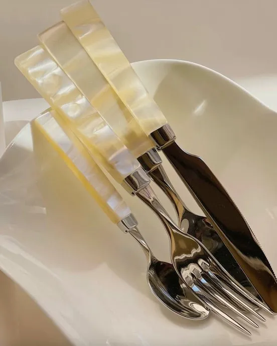 Pearl Flatware Set of 8 Pcs. Elegant Italian Giada Cutlery. Ivory Silverware