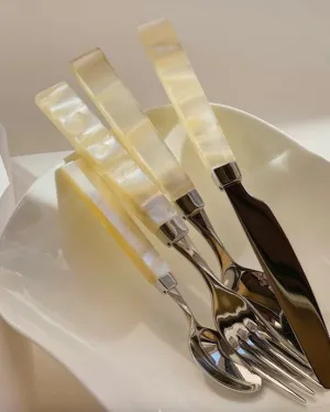 Pearl Flatware Set of 8 Pcs. Elegant Italian Giada Cutlery. Ivory Silverware