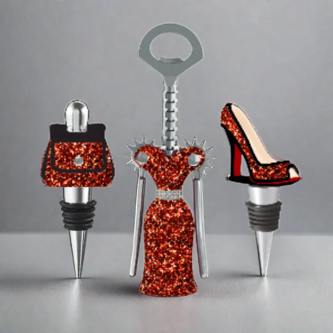 Red and Gold Corkscrew and Wine Stopper Set