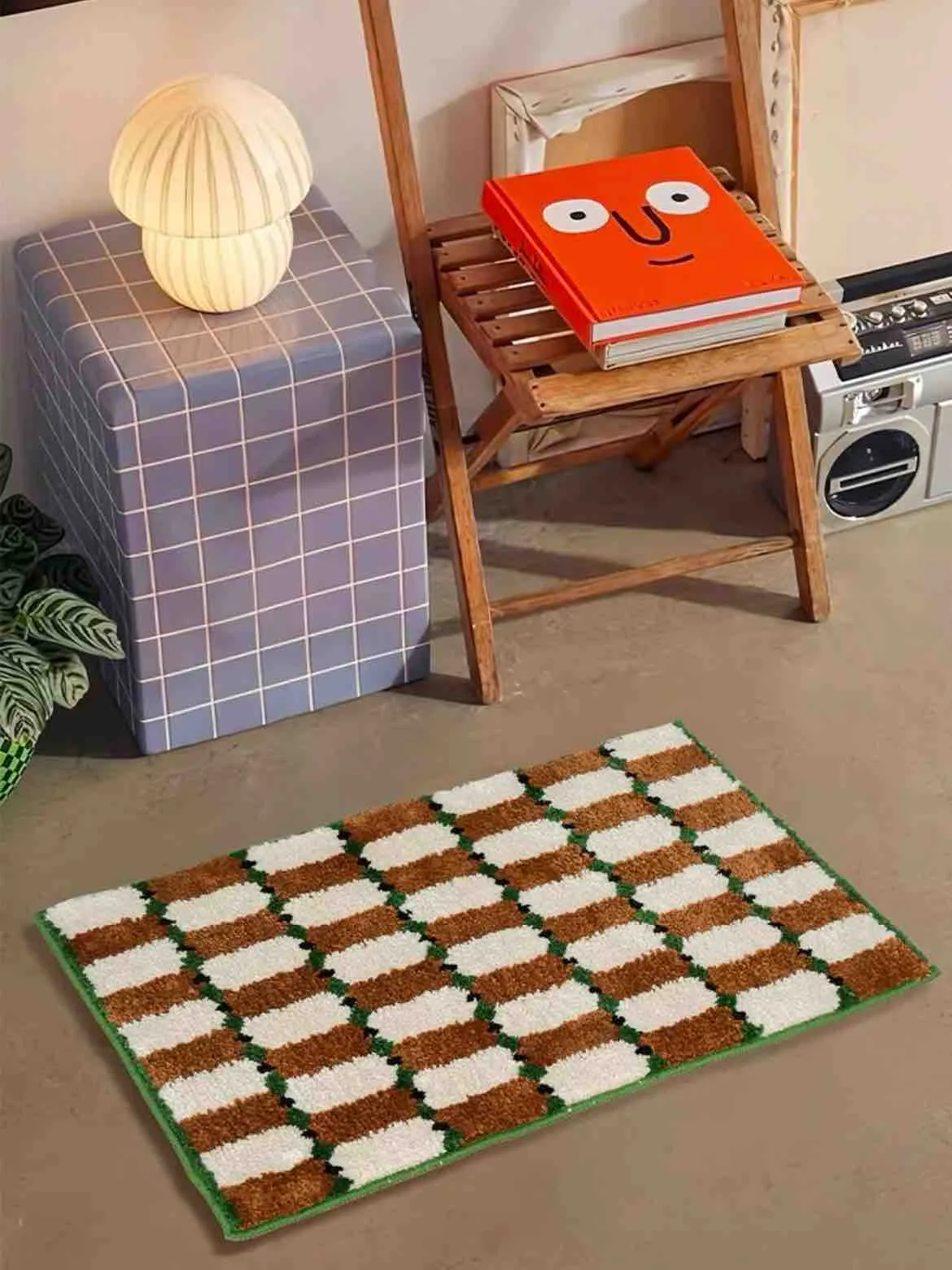 Retro Checker Bath Rug. Machine-washable. Ultra Soft & Absorbent