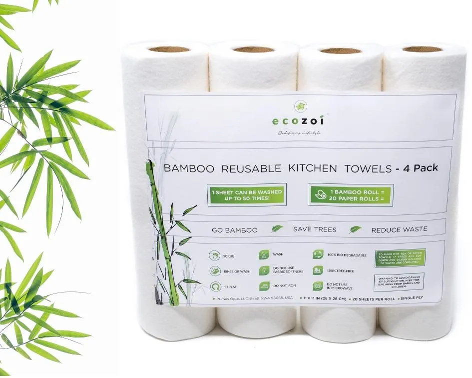 Reusable Bamboo Kitchen Paper Towels - Tree-Free. Eco-Friendly Rolls. 4-Pack by ecozoi