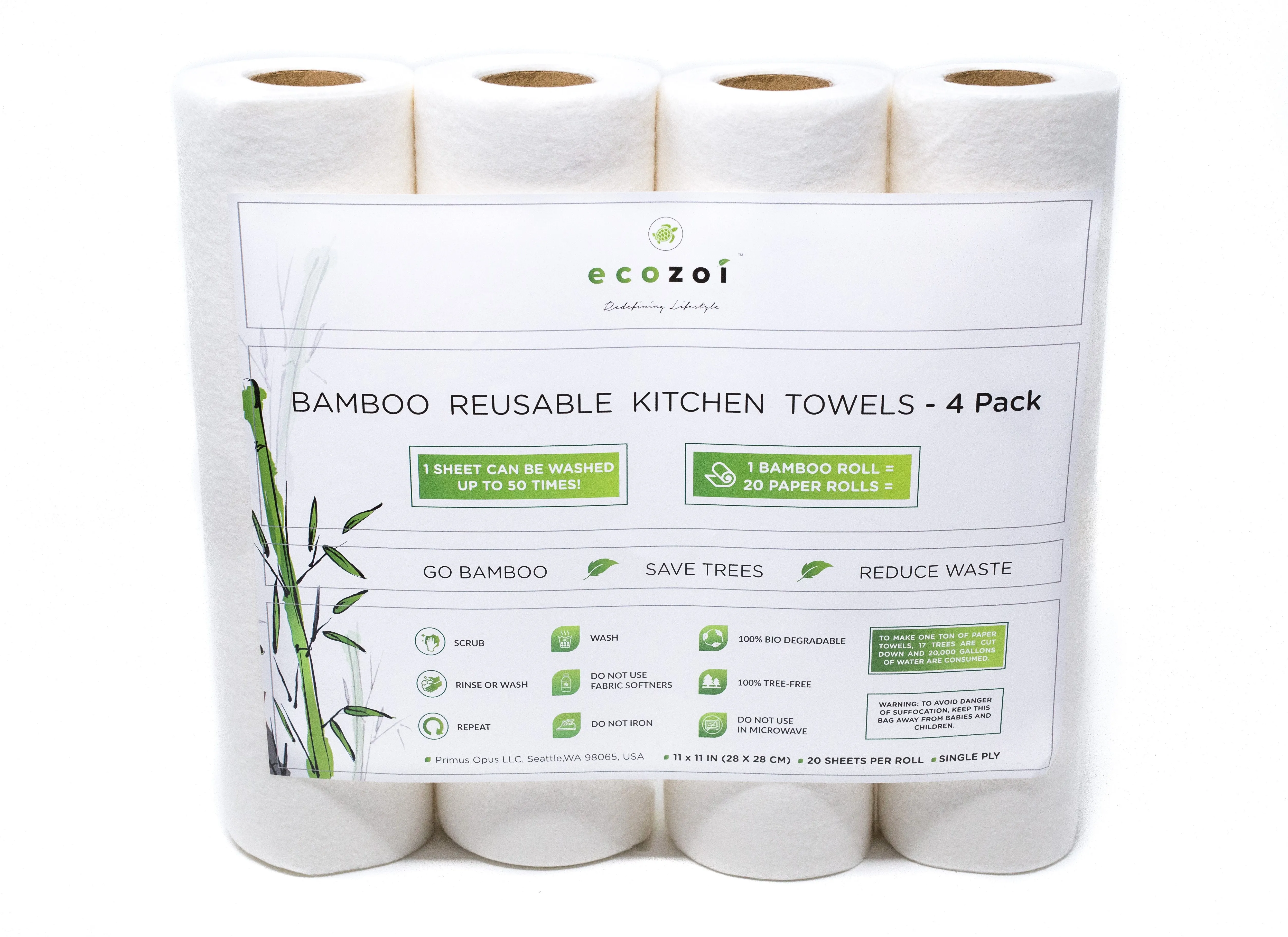 Reusable Bamboo Kitchen Paper Towels - Tree-Free. Eco-Friendly Rolls. 4-Pack by ecozoi