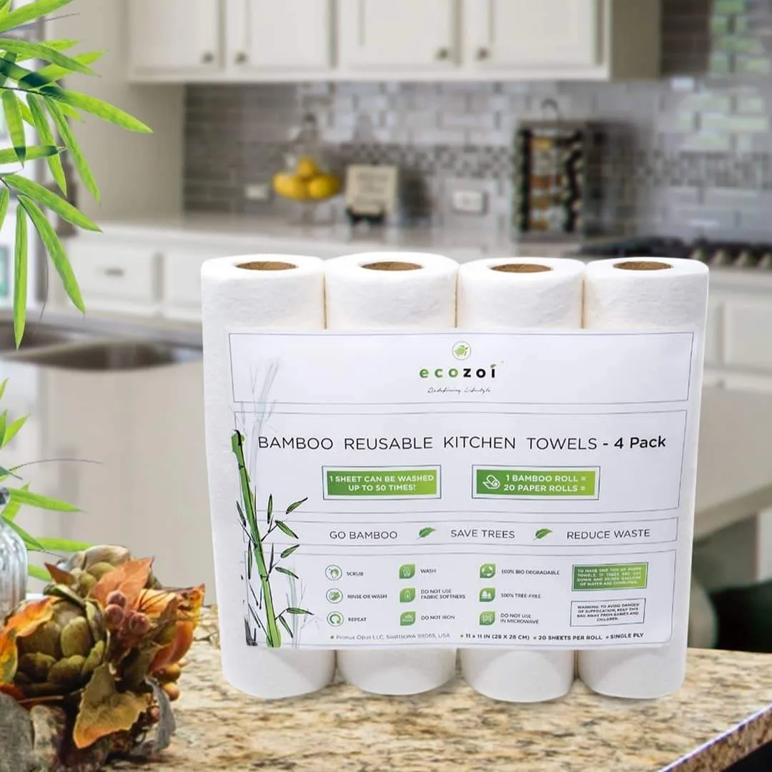 Reusable Bamboo Kitchen Paper Towels - Tree-Free. Eco-Friendly Rolls. 4-Pack by ecozoi