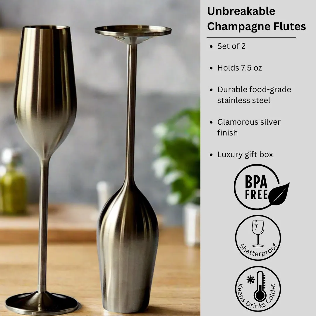 Silver Unbreakable Stainless Steel Champagne Flutes. Set of 2