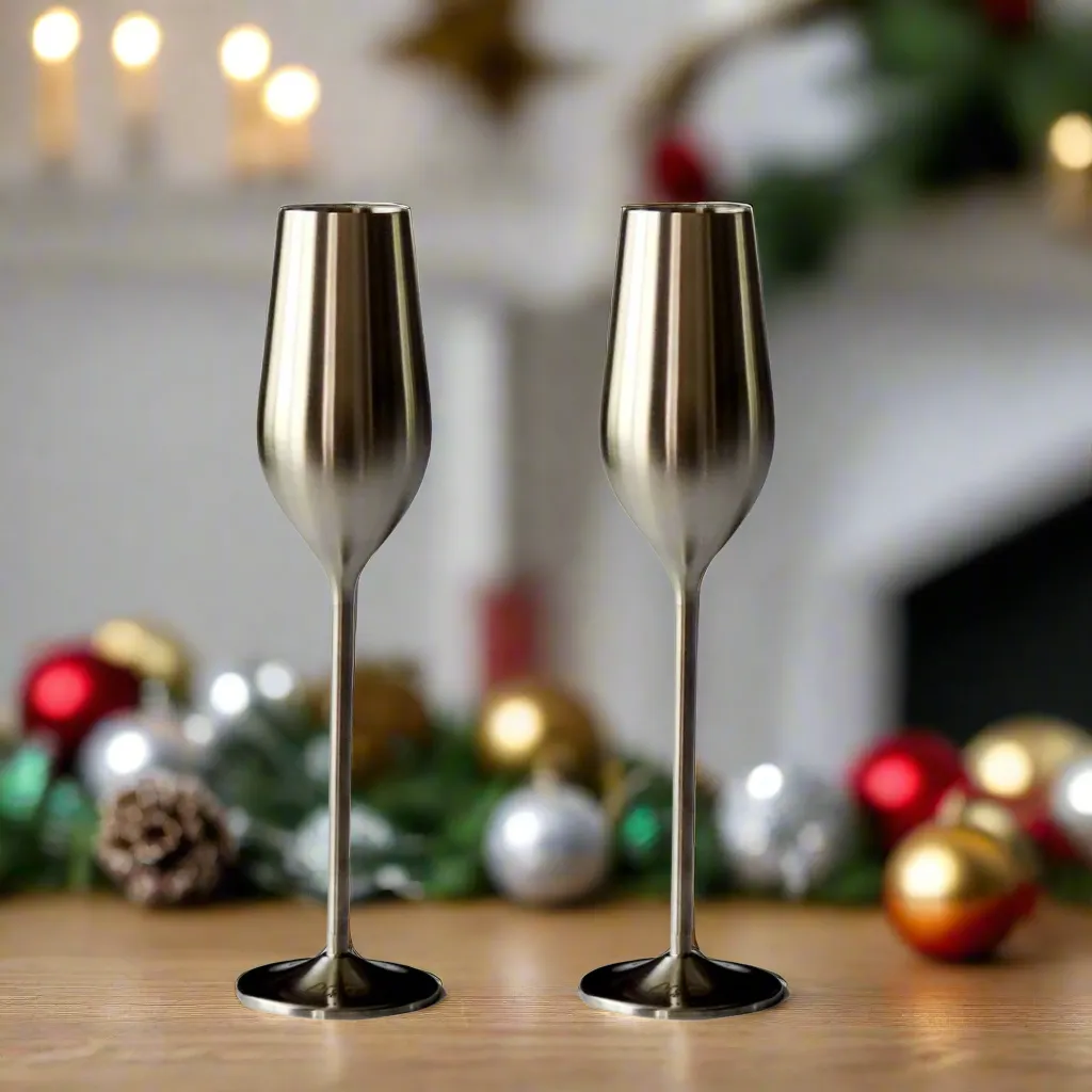 Silver Unbreakable Stainless Steel Champagne Flutes. Set of 2