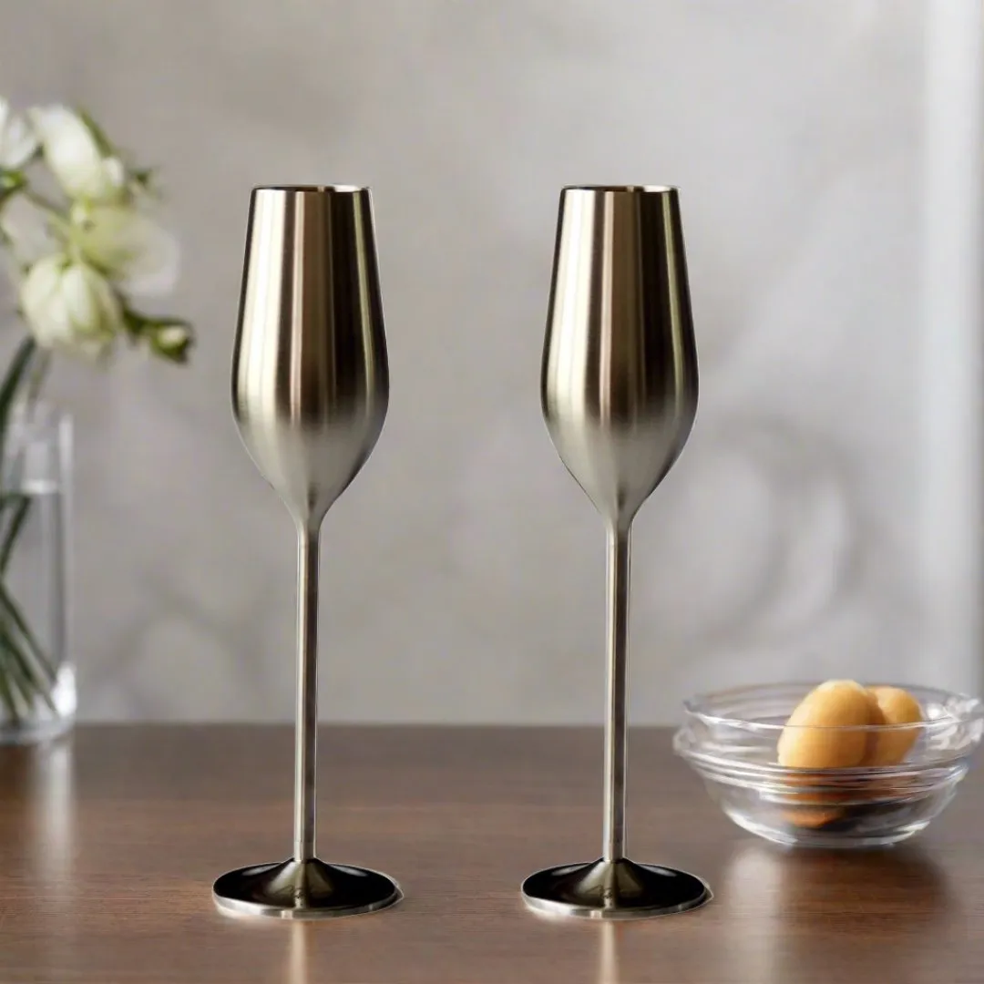 Silver Unbreakable Stainless Steel Champagne Flutes. Set of 2