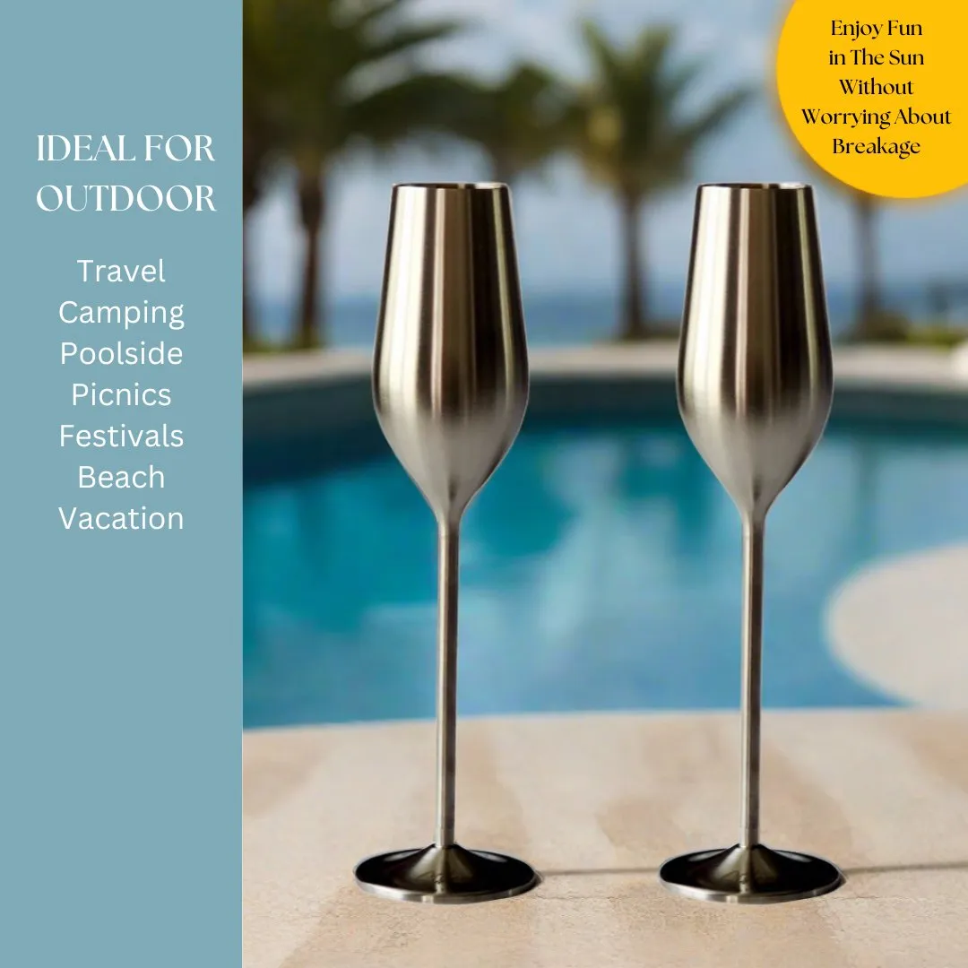 Silver Unbreakable Stainless Steel Champagne Flutes. Set of 2