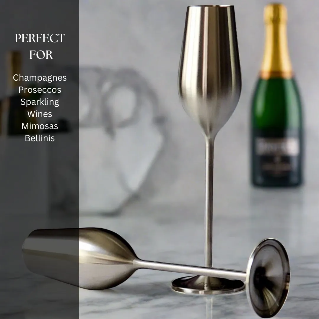 Silver Unbreakable Stainless Steel Champagne Flutes. Set of 2