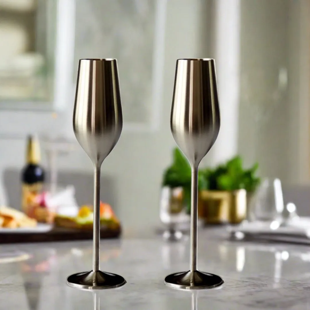 Silver Unbreakable Stainless Steel Champagne Flutes. Set of 2